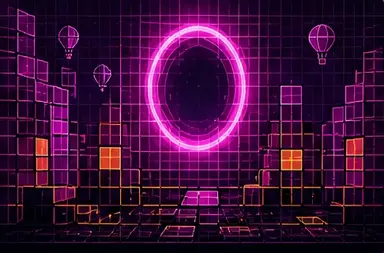 Neon village grid with a portal