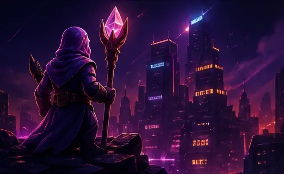 Hooded figure over a night city