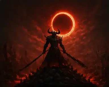 Horned warrior before a burning eclipse