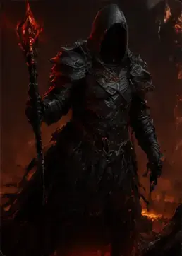 A hooded caster holding a fire staff