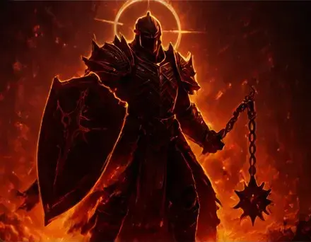 Paladin in burning armor with a flail