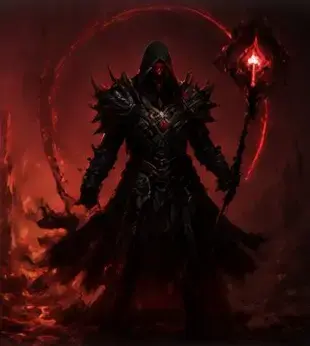 A hooded caster with a red-glowing staff — our own drawing